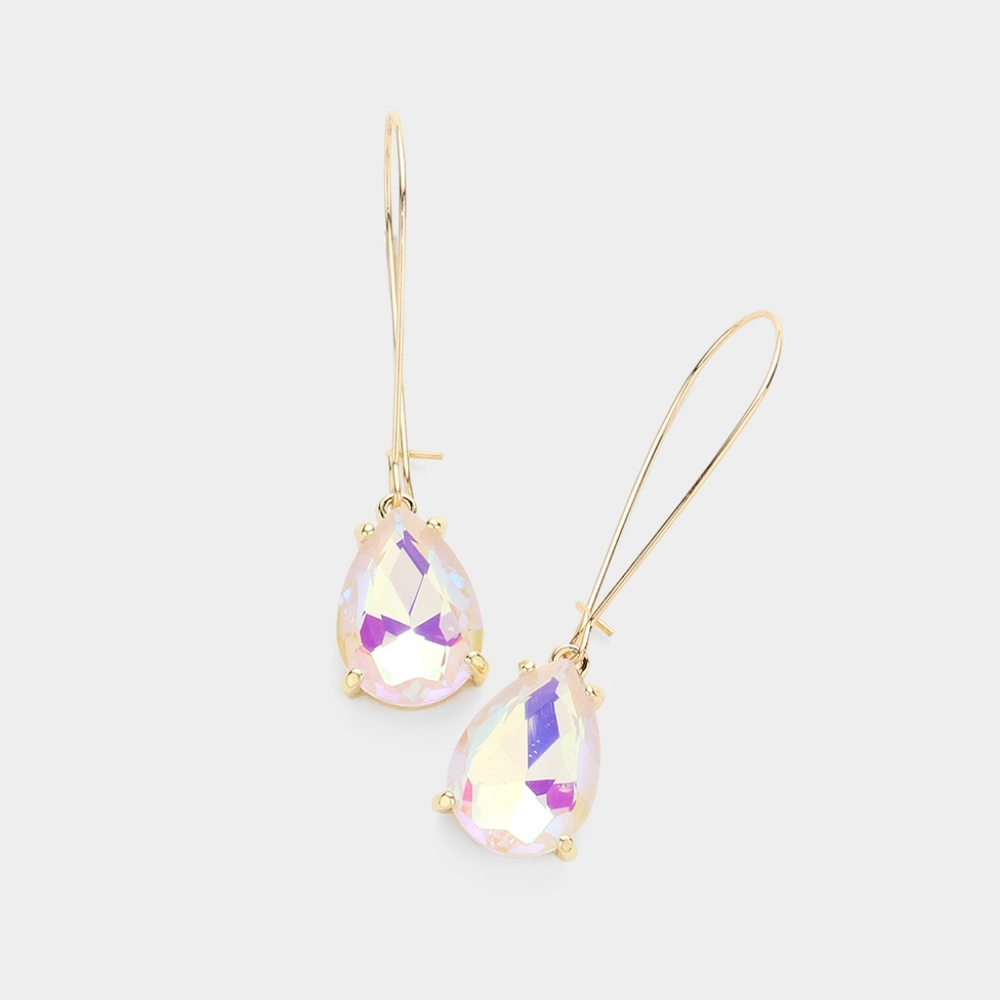 White Ab Teardrop Dangle Earrings 2" Stone Wire Simple Jewelry Gold Water Drop